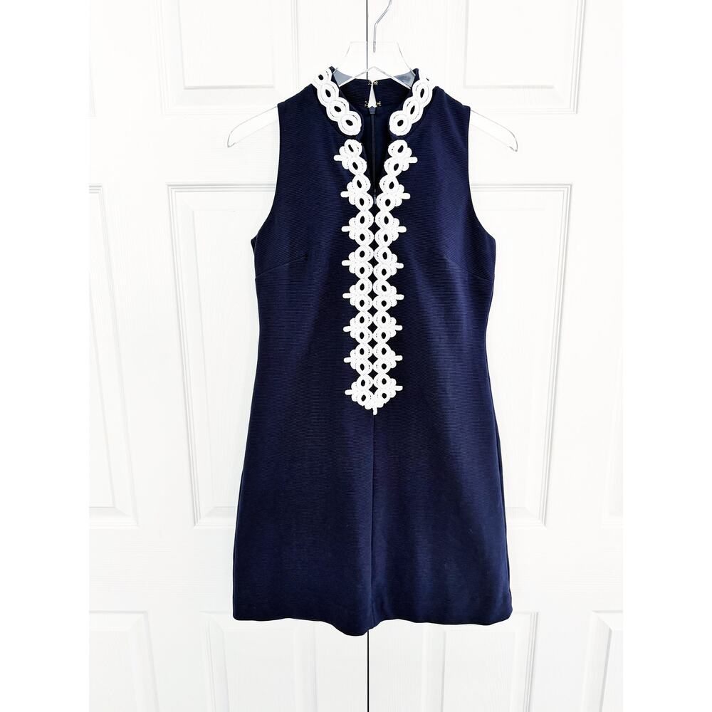 Lilly Pulitzer Callista Navy Blue Ottoman Knit Shift Dress Lace Trim Coastal - Picture 3 of 8